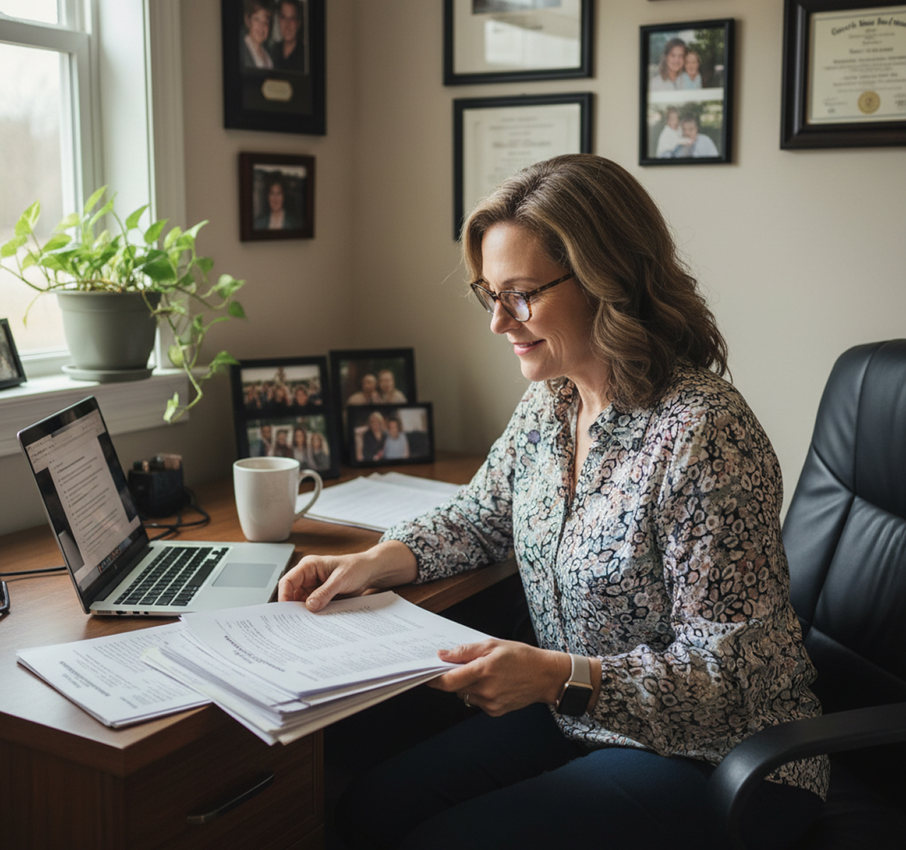 Business owner reviewing paperwork at a home office desk