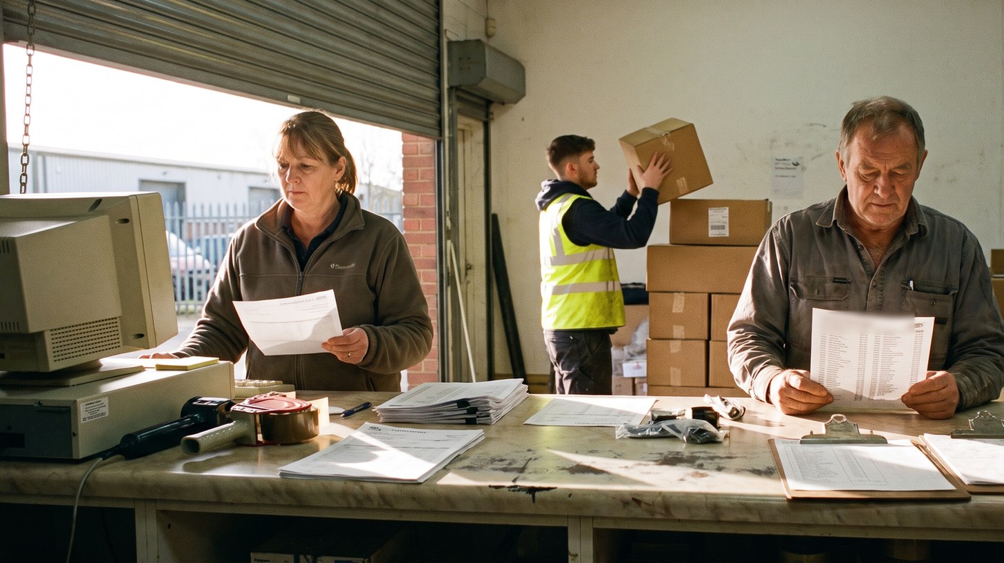 Two people at a distributor's trade counter reading paperwork, one holding a printed order and one a purchase record, with a third worker stacking cartons behind them.