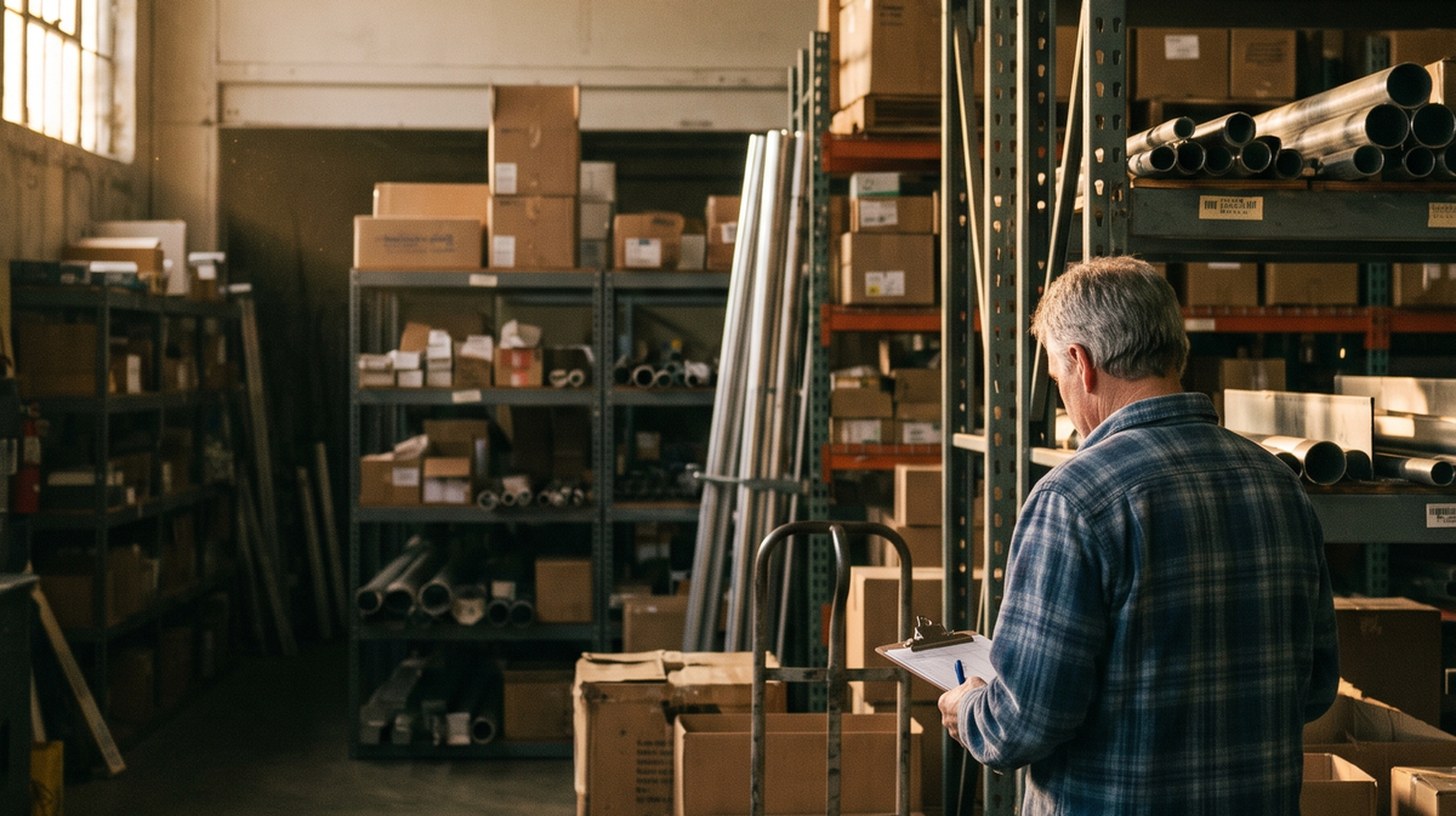 The owner of a distribution business walking a warehouse aisle with a clipboard, checking racked cartons, fittings and lengths of pipe stock.