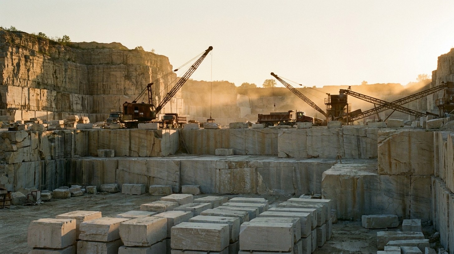 An Indiana limestone quarry with sawn blocks squared and stacked across the quarry floor, and derrick cranes and a cutting rig working the far wall.