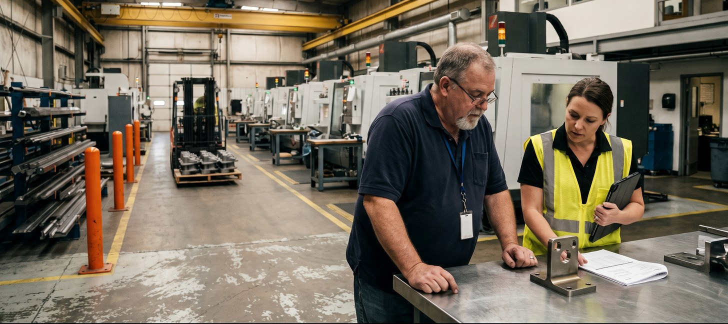 The owner and the operations engineer of a mid-sized machining plant reviewing a machined steel bracket and a quality report at a workbench, with a row of CNC cells, an overhead crane and a mezzanine office behind them.