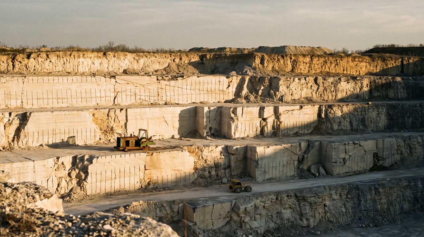 An Indiana limestone quarry cut into stepped benches, with a dozer parked on one level and a haul truck on the ramp below, and the sawn faces of the working wall lit from the side.