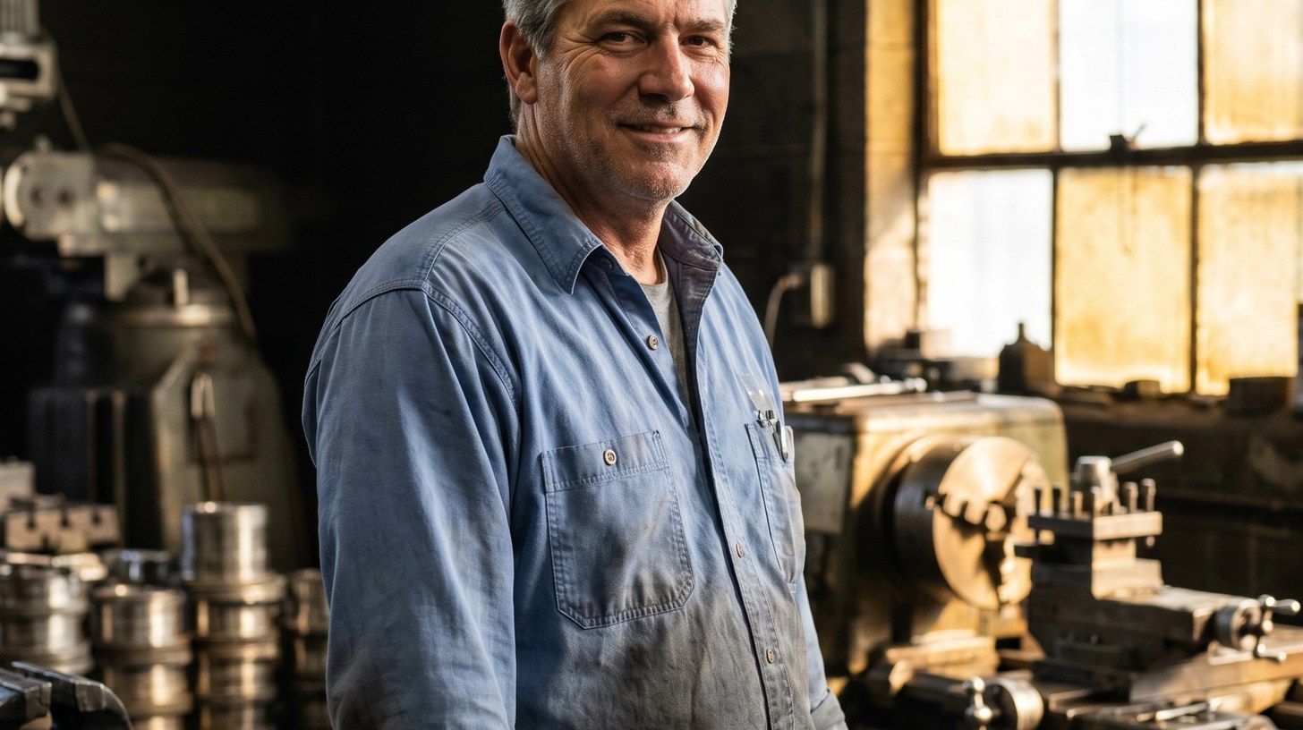The owner of a small machine shop standing beside his lathe in late-afternoon light, turned steel parts stacked on the bench behind him and a milling machine in the shadow at the back of the shop.