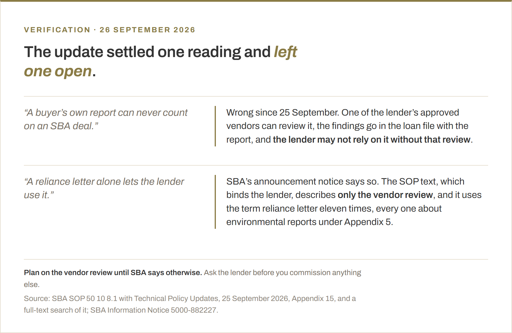 The two readings of the SBA quality of earnings rule after the 25 September 2026 technical update. First, that a buyer's own report can never count on an SBA deal: wrong since 25 September, because one of the lender's approved vendors can review it, the findings go in the loan file with the report, and the lender may not rely on it without that review. Second, that a reliance letter alone lets the lender use it: SBA's announcement notice says so, but the SOP text, which binds the lender, describes only the vendor review, and it uses the term reliance letter eleven times, all about environmental reports. Plan on the vendor review until SBA says otherwise.