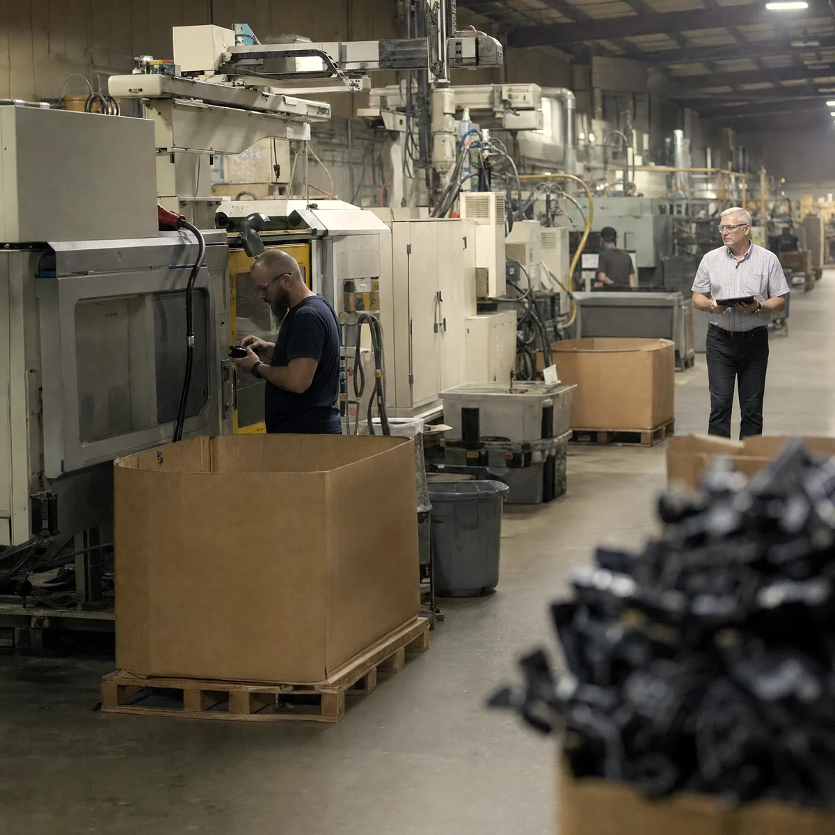 Owner walking the floor of a plastics molding plant with a tablet while the presses run