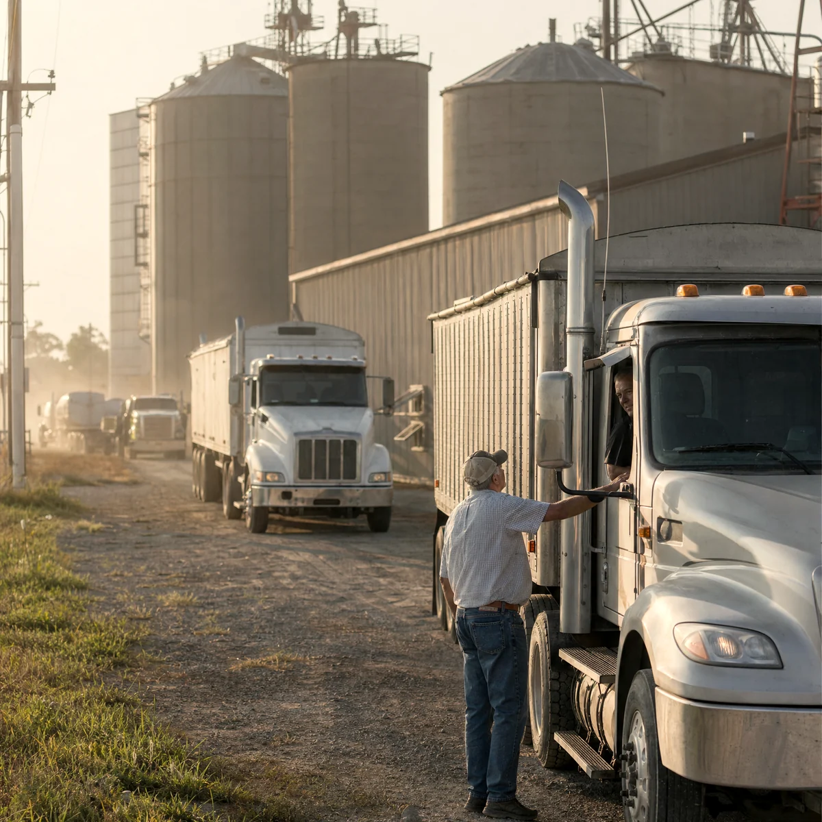 Grain trucks lined up at an elevator at harvest, the owner talking with a driver