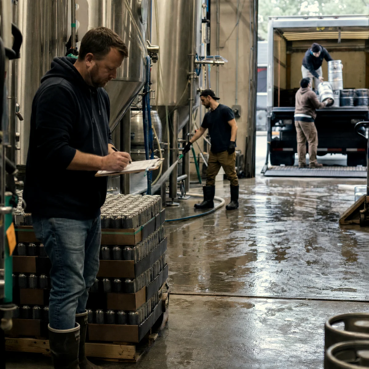 Brewery owner counting pallets of cans while a delivery truck loads at the dock