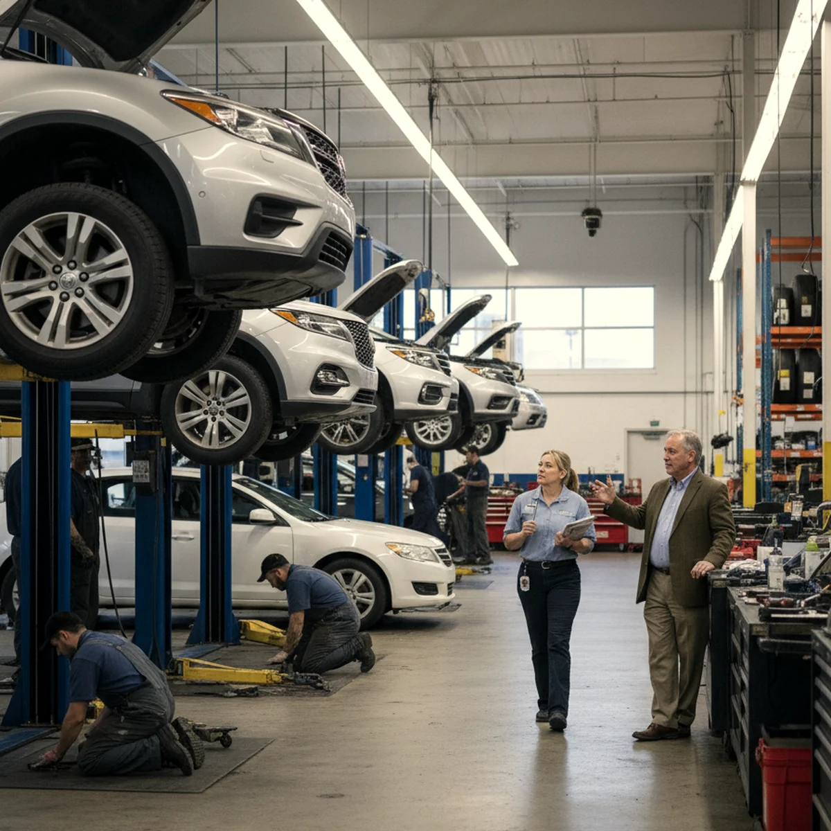 Adviser walking a dealership service bay with the owner