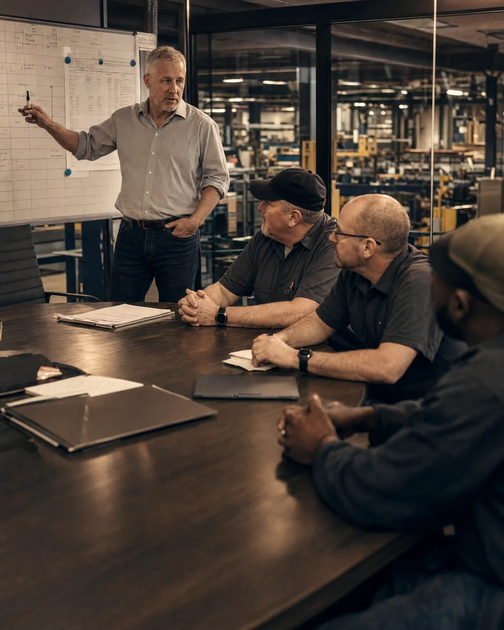 Operating partner at the whiteboard walking the plan with three plant leaders at the table