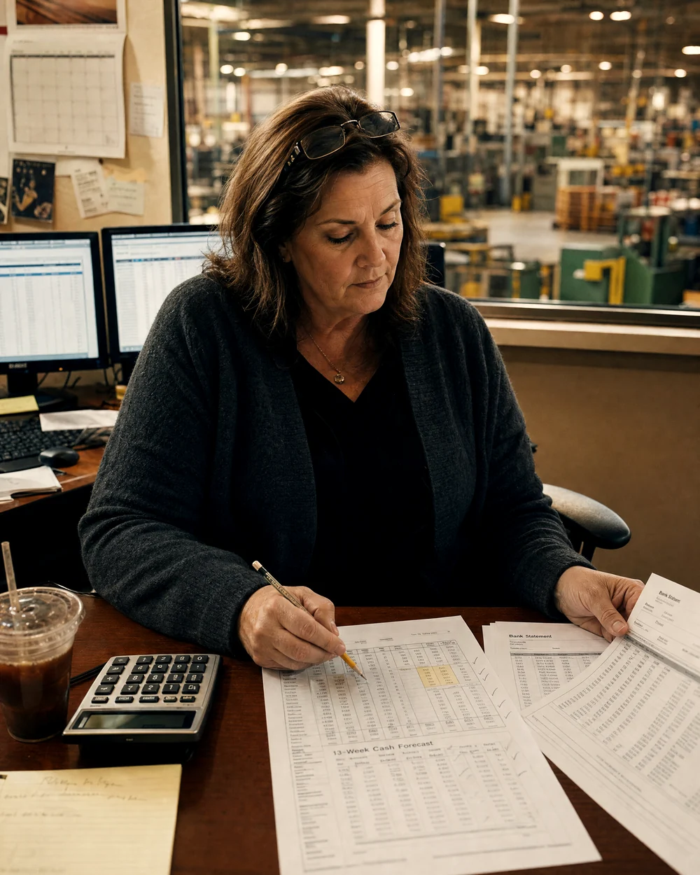CFO at her desk working the 13-week cash forecast against the bank statement, plant floor behind the glass