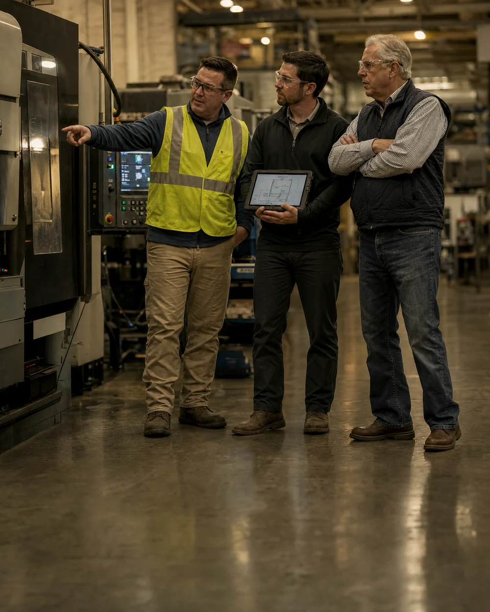Owner with two specialists at the machine control, one pointing at the panel and one holding a tablet