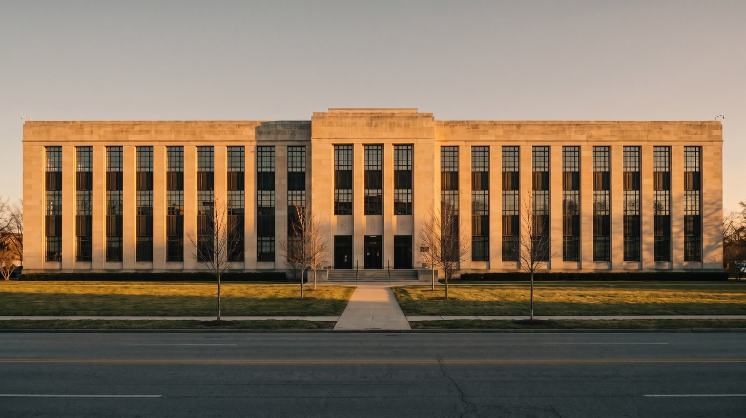 The Indiana University School of Dentistry on West Michigan Street in Indianapolis, its 1933 limestone building set back behind a lawn and young trees in late-afternoon light.