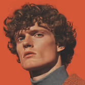 Portrait of a young man with curly hair against a red background.