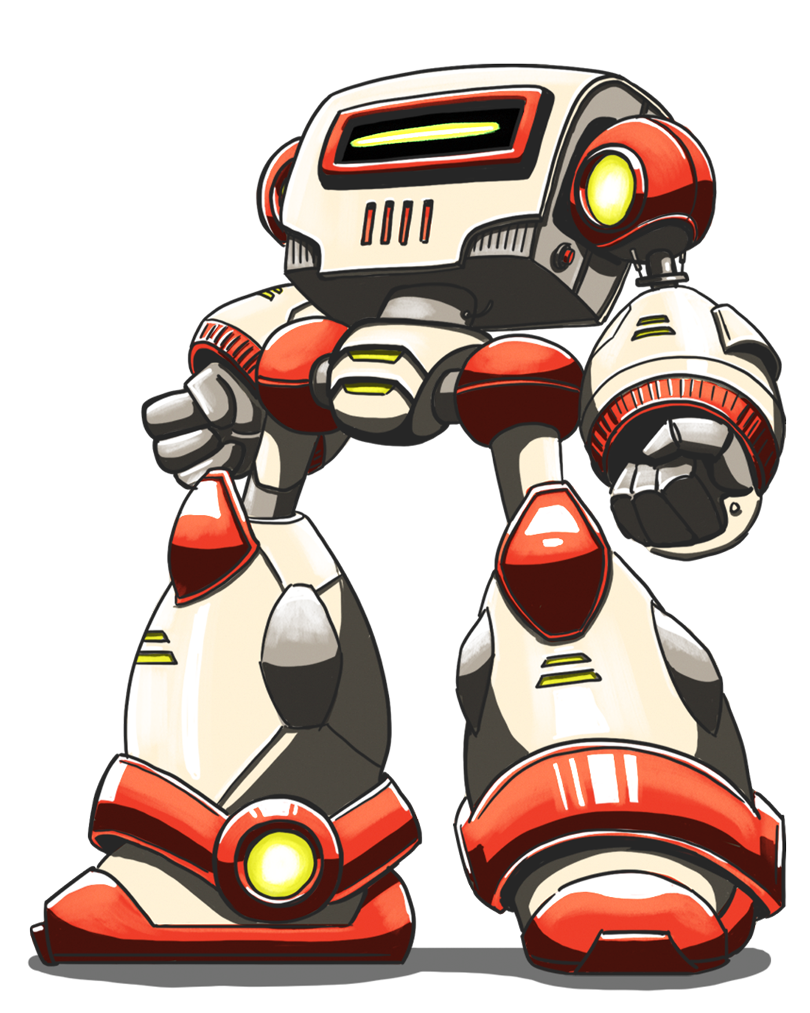 Illustration of a white and red robot with glowing yellow eyes and large mechanical limbs.