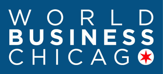 Logo of World Business Chicago with text and red six-pointed star in white circle.