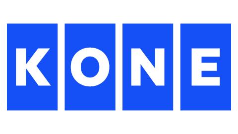 Blue tiles spelling the word KONE in bold white letters on a transparent background.