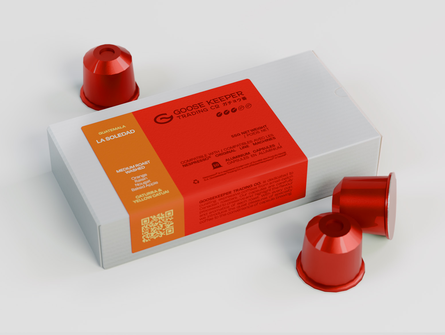 Goose Keeper coffee capsule packaging.