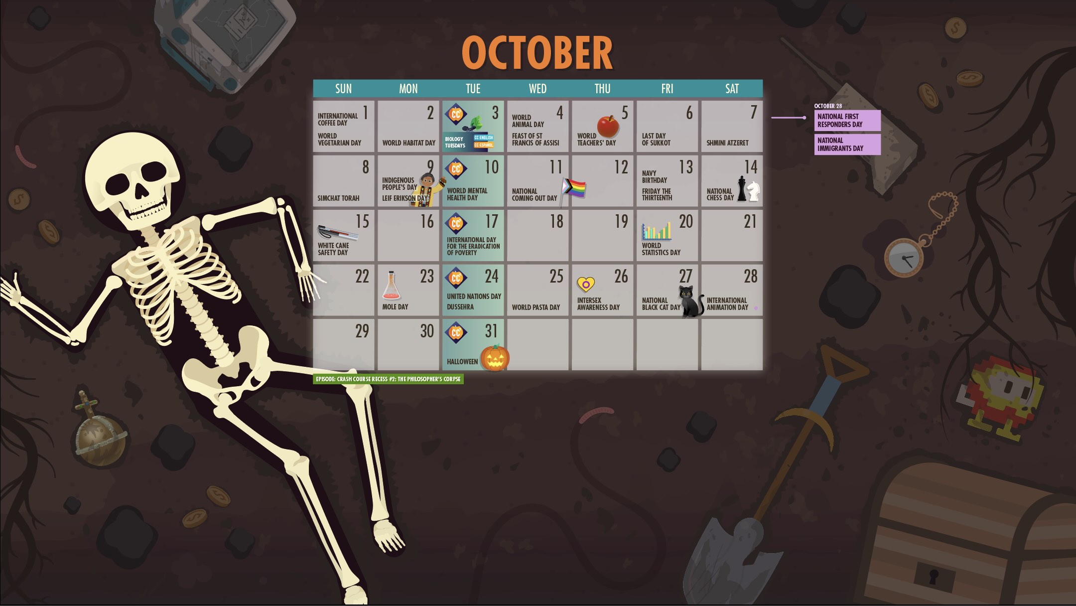 Illustrated calendar page for the Crash Course Patreon rewards.