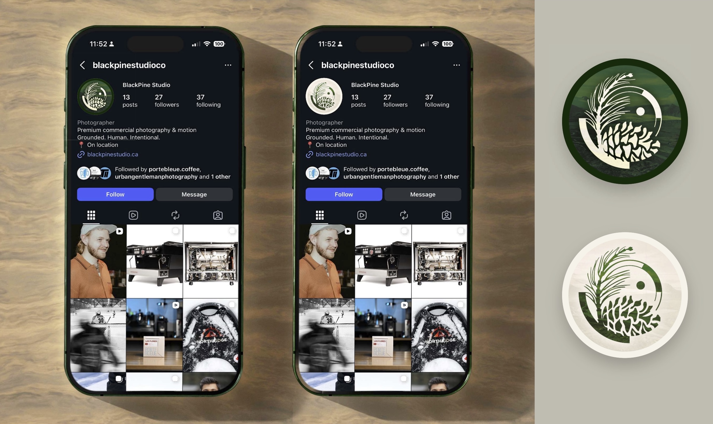 Mock up of a logo design for Black Pine Studio on an Instagram profile.