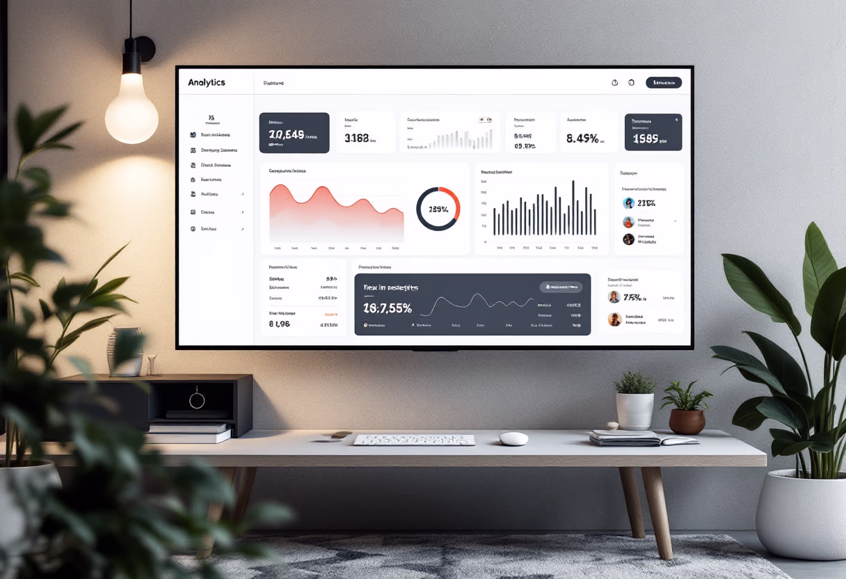 Illustrative workspace with an operational dashboard on a large screen.