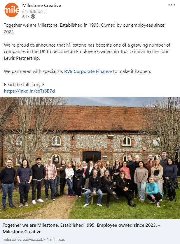 Milestone Creative, design and branding agency business that completed an EOT sale advised by RVE