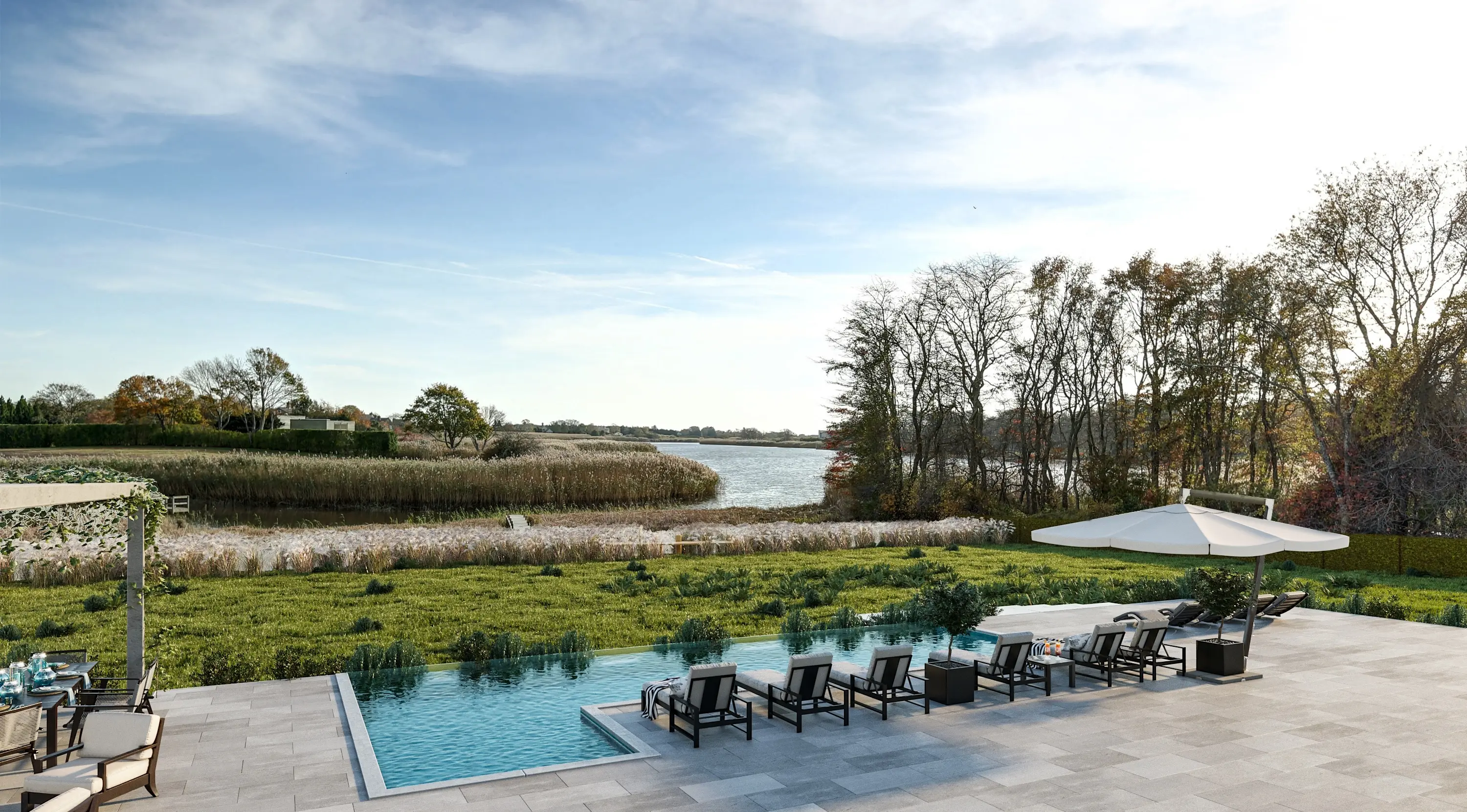 Luxury Long Island waterfront landscape architecture with modern pool design