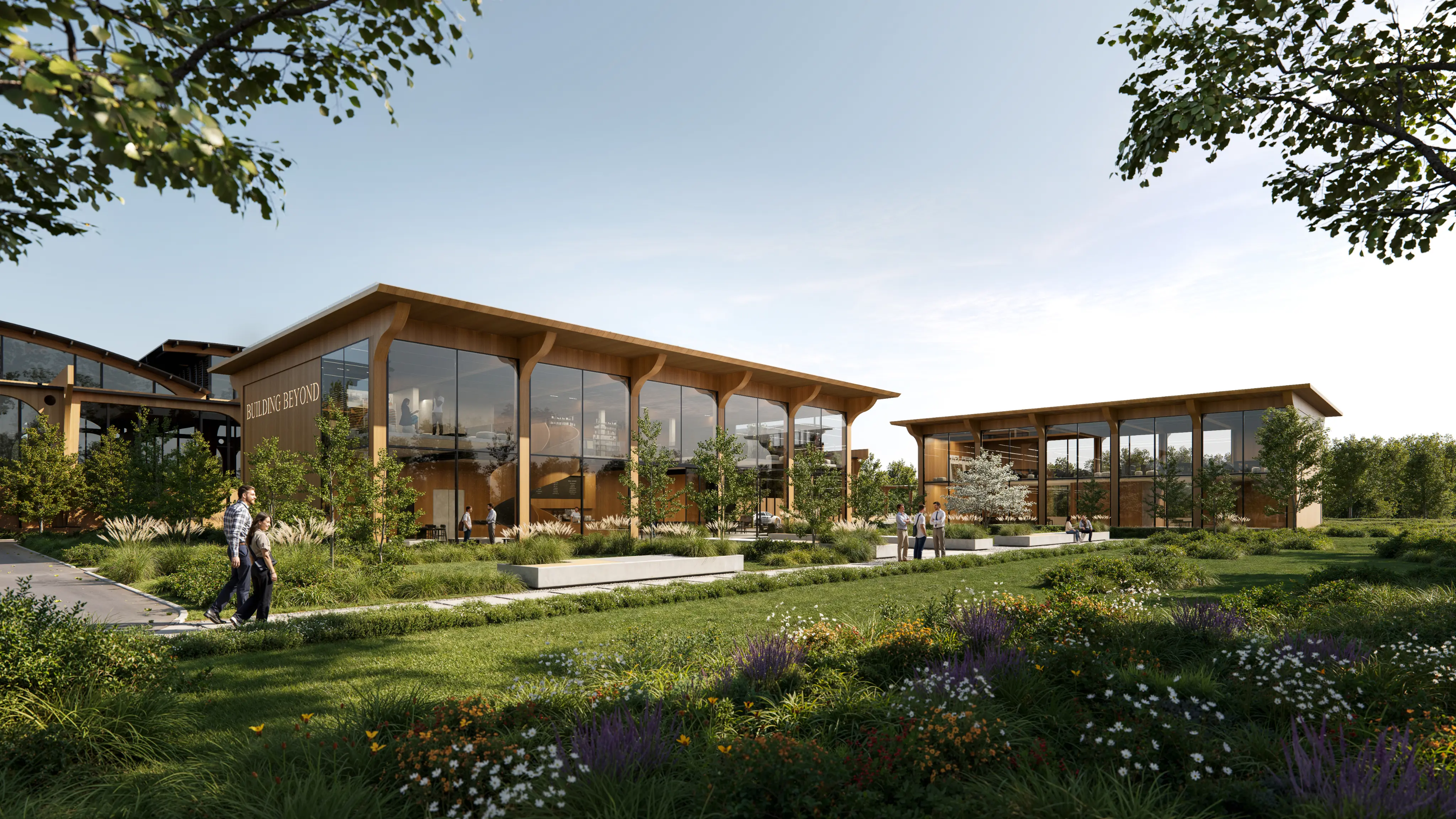 Corporate campus landscape design with native greenery and modern architecture