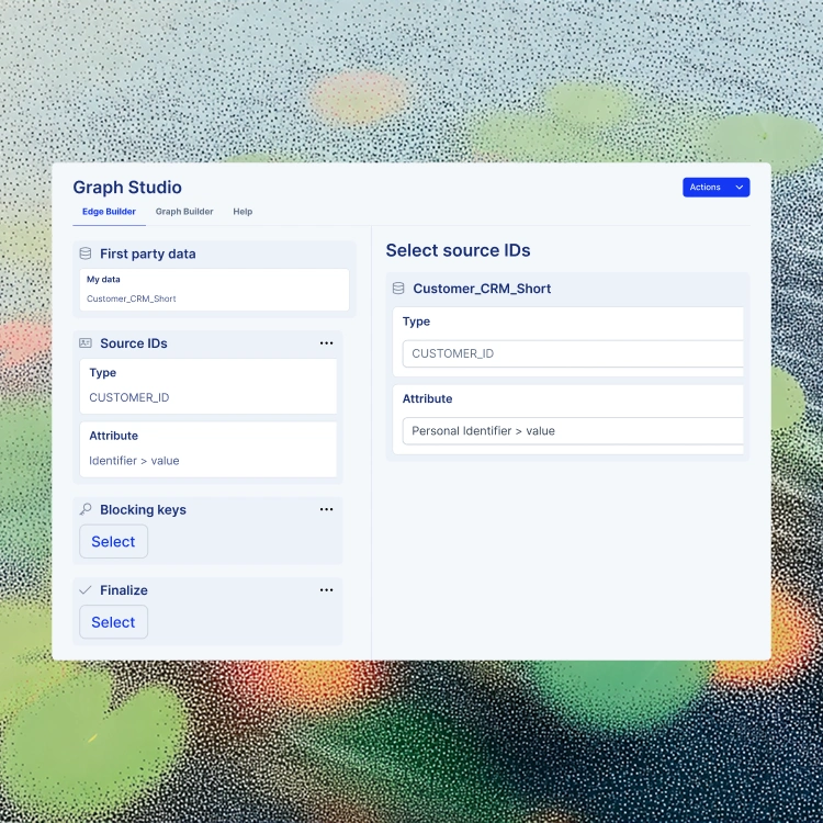 Identity Orchestrator Graph Studio interface configuring customer source IDs and identity attributes for unified profile resolution.