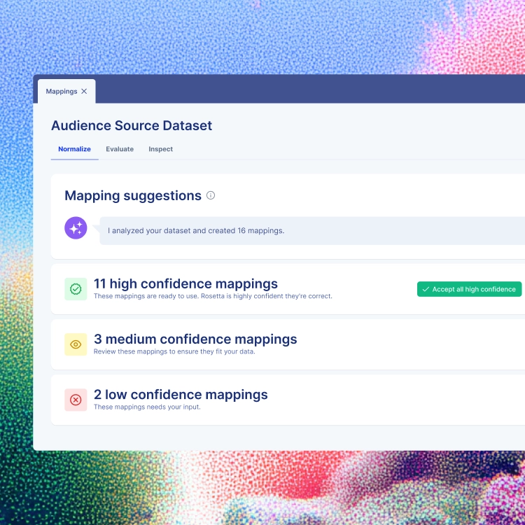 Audience Source Dataset interface showing AI-generated data mapping suggestions with high, medium, and low confidence normalization results.”