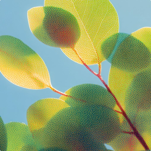 Abstract illustration of layered green and yellow leaves with textured stippled gradients on a blue background.”