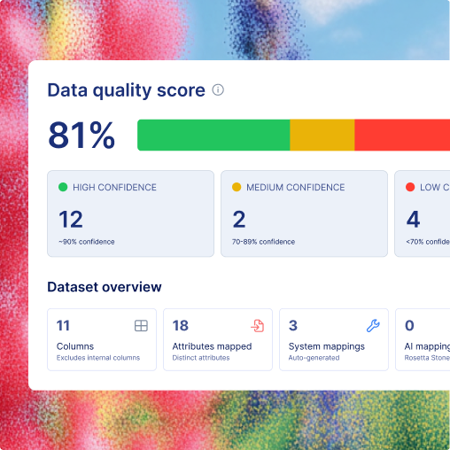 Data quality dashboard displaying confidence scores, attribute mappings, and dataset normalization metrics.