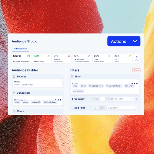 Audience Studio interface for building audience segments with demographic filters and activation connectors.