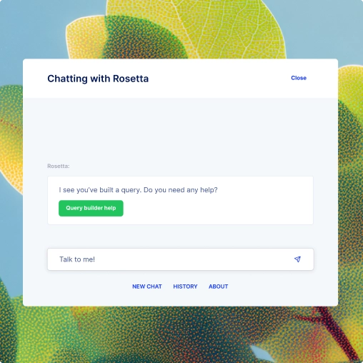 Rosetta AI assistant chat interface offering query builder help inside the Narrative data platform.