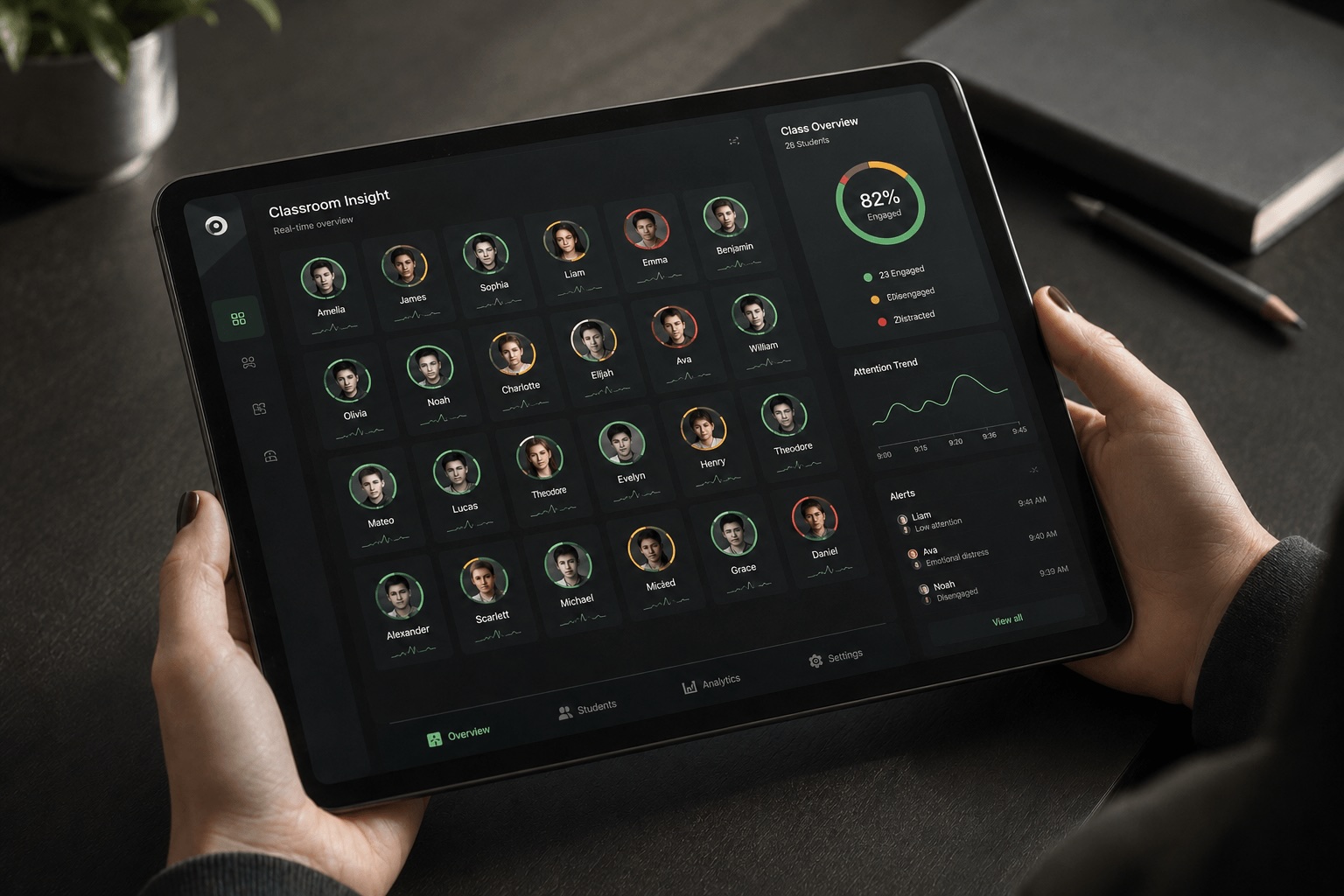 A tablet displays a classroom analytics dashboard with student attention and engagement data.