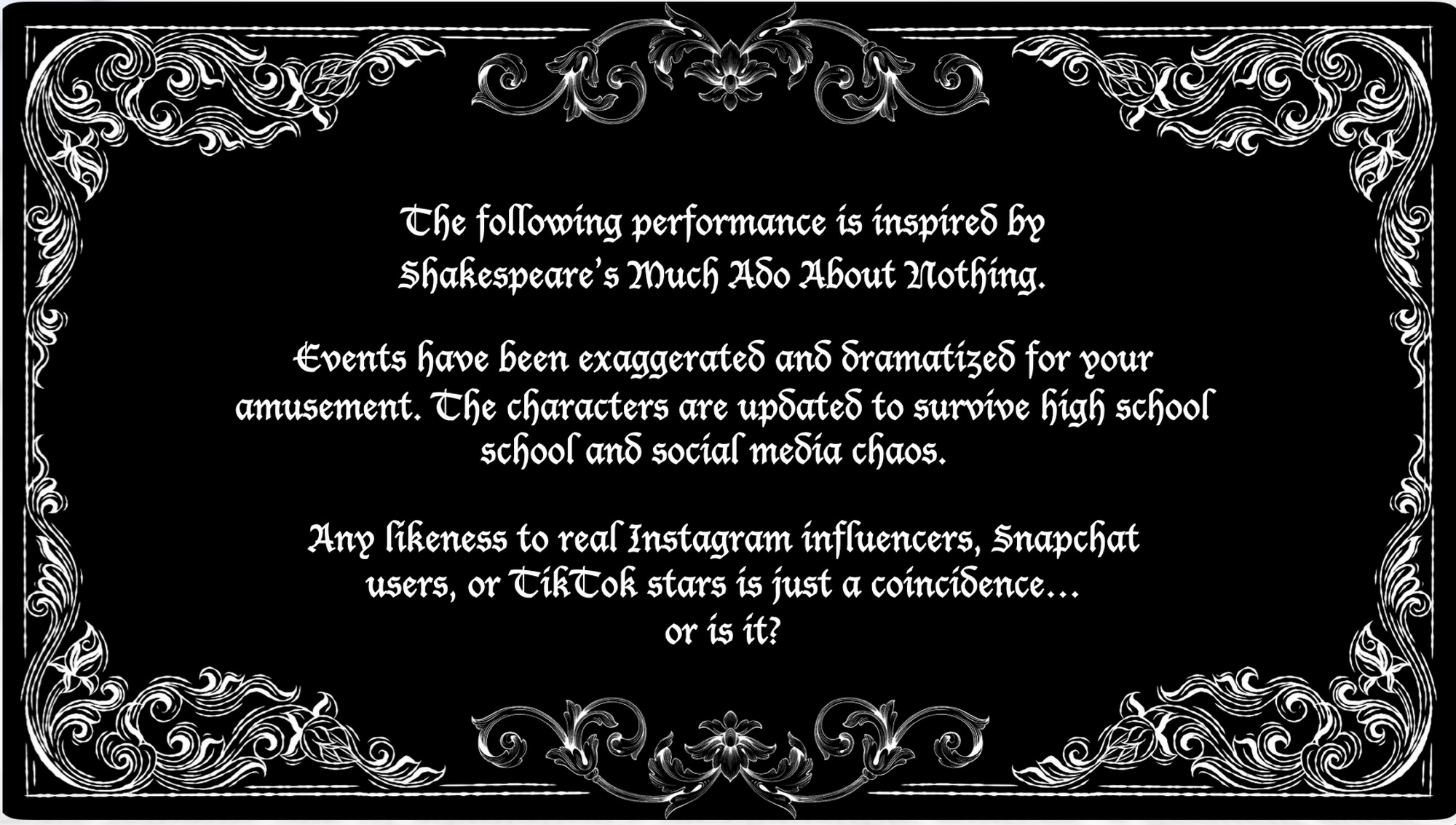 Poster-style artwork for Much Ado About Social Media, a school adaptation of Shakespeare.