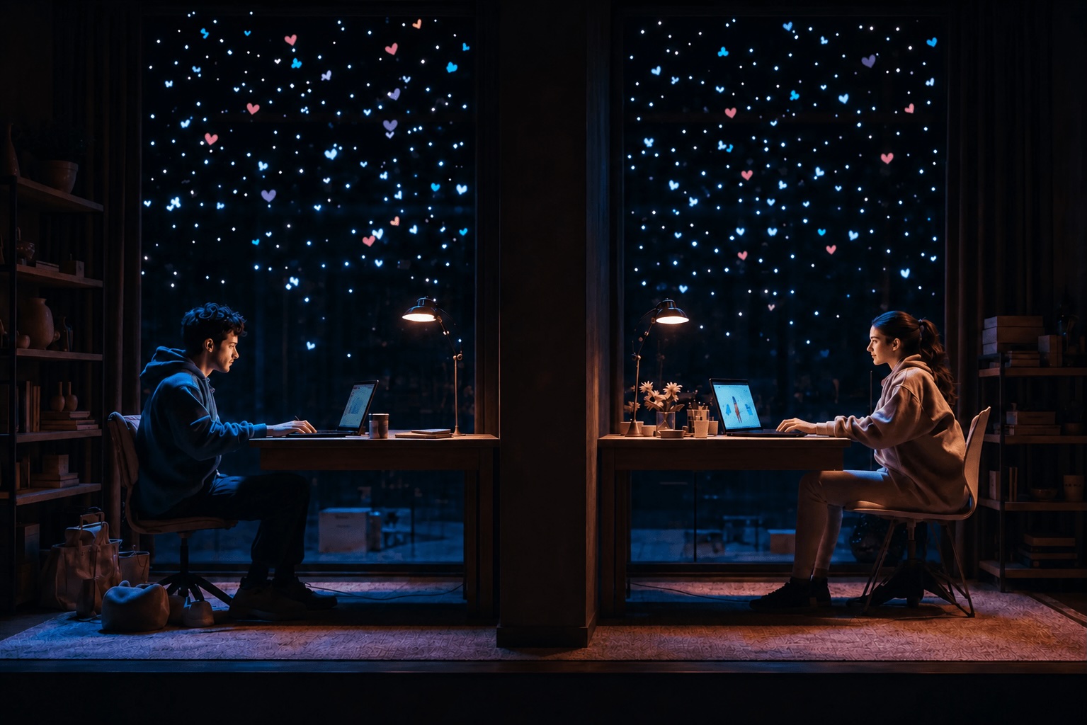 Two students in separate room-like stage spaces exchange messages in a contemporary school adaptation of Much Ado About Nothing.