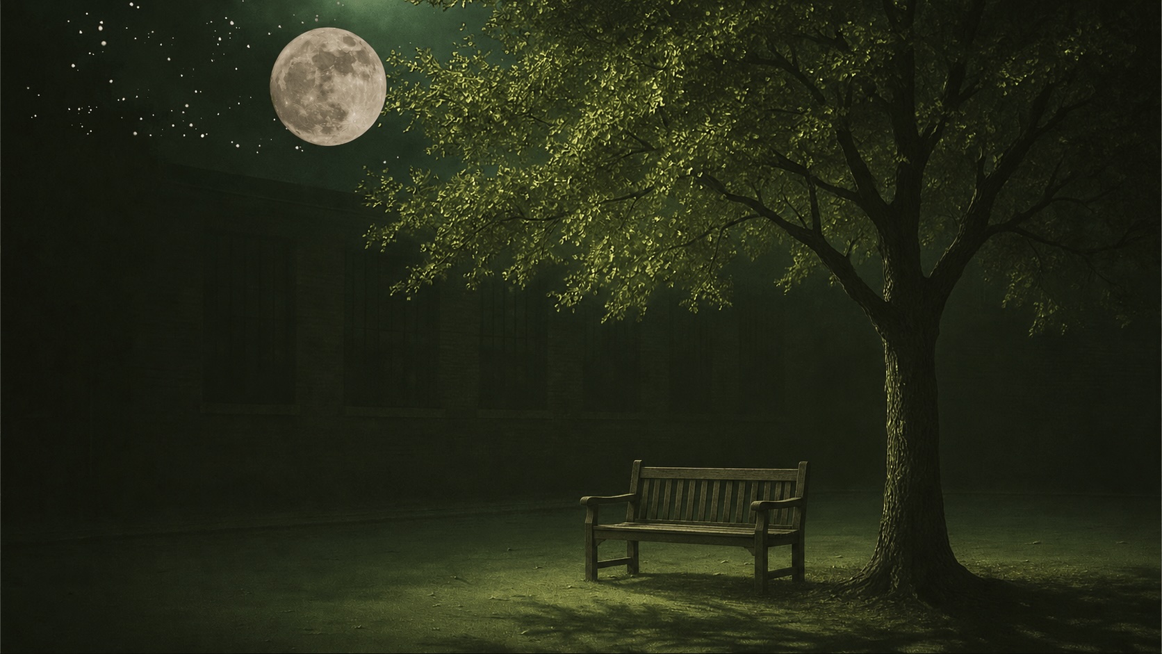 A quiet bench beneath a tree at night, suggesting reflection after a school performance.