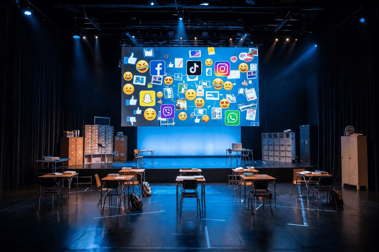 A school theatre stage lit in blue for a contemporary Shakespeare production.