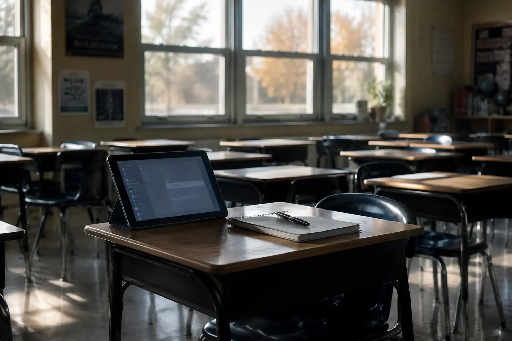     An empty classroom with desks, notebooks and a blank screen.