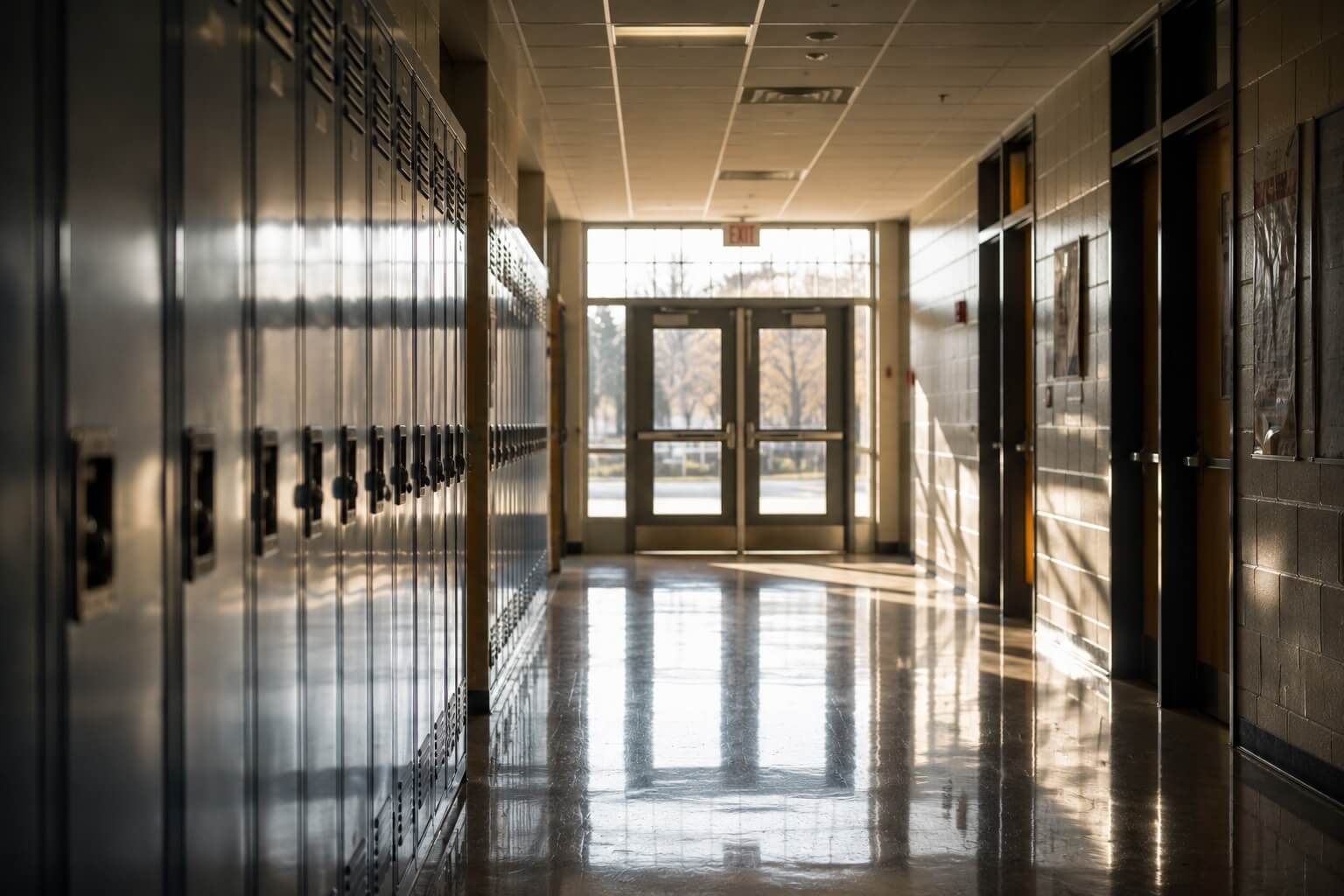 An empty school corridor lined with classroom doors.