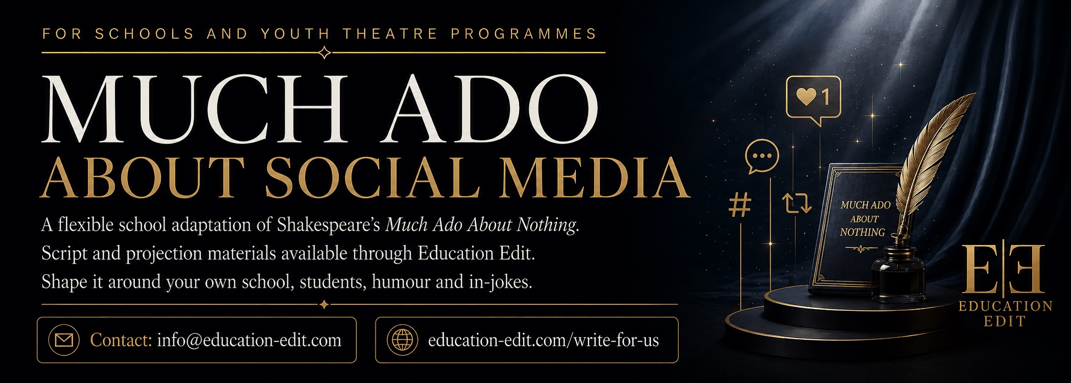 Advertisement for Much Ado About Social Media script and projection materials from Education Edit.