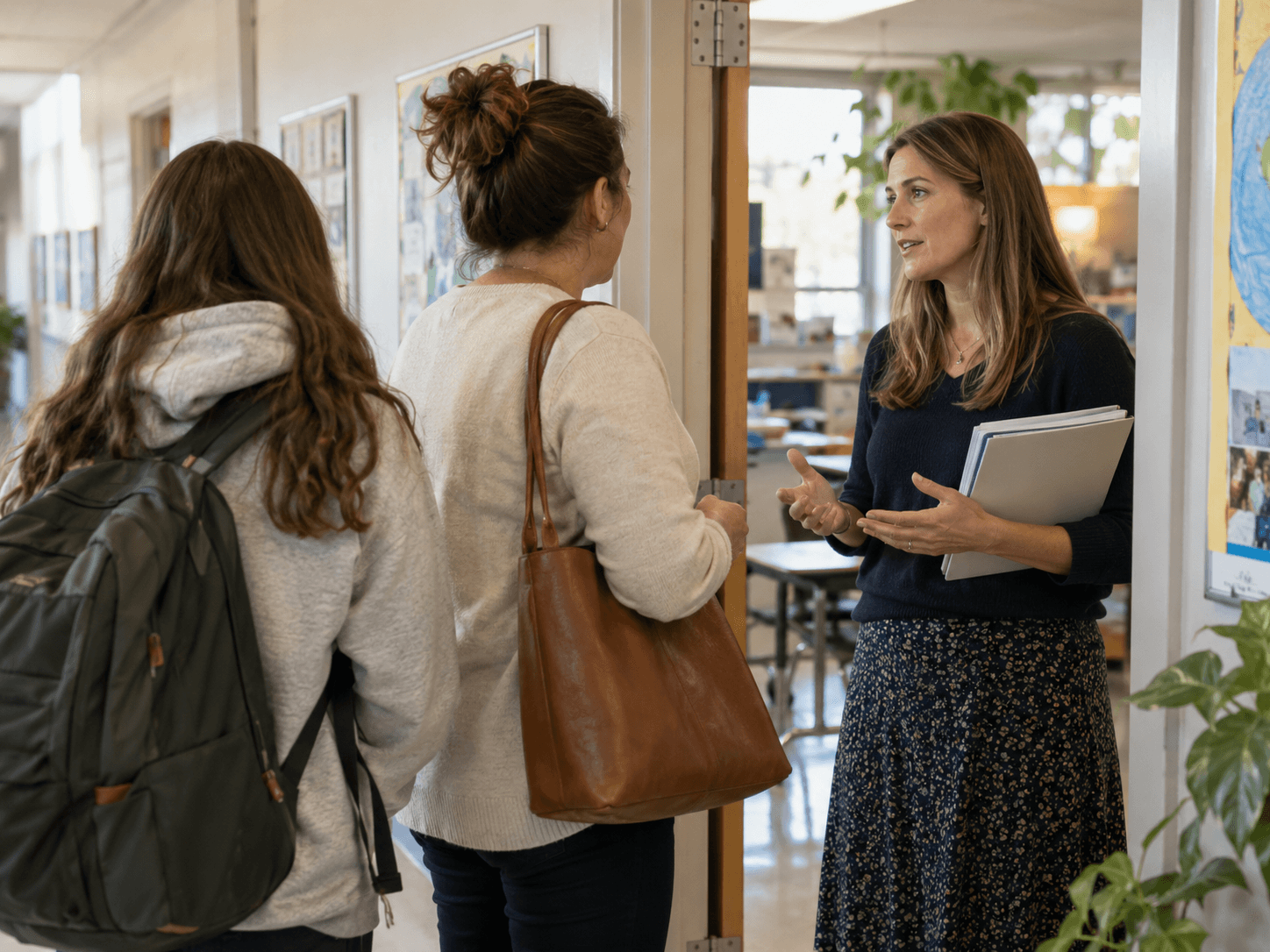 A school staff member speaks with a parent and student outside a classroom.