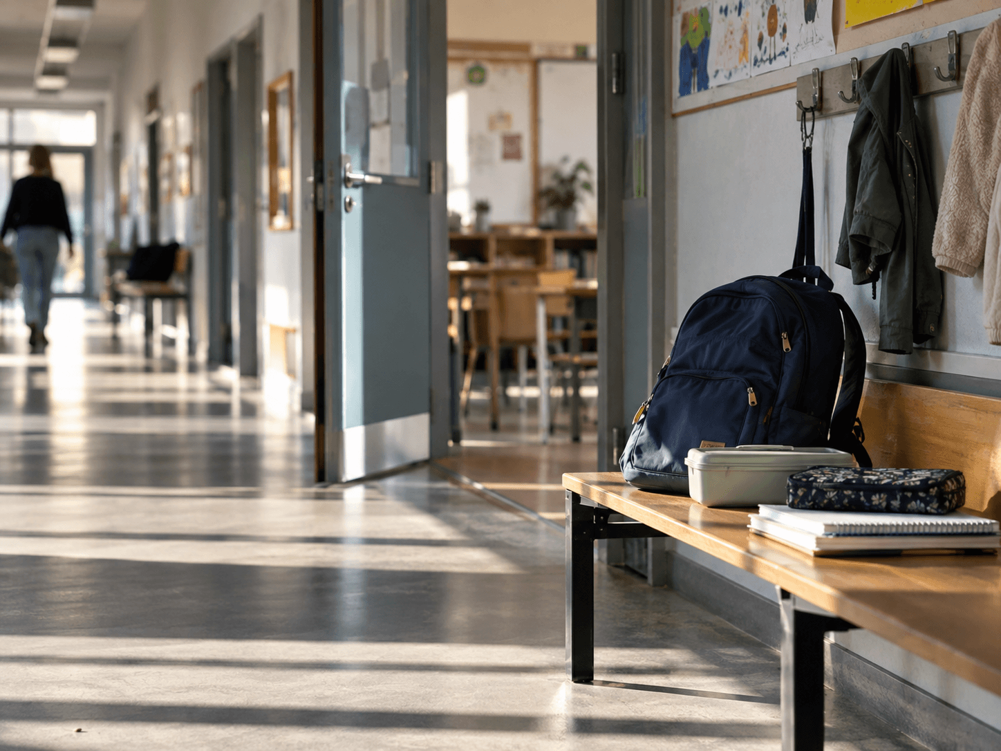 A quiet school corridor with a backpack and notebooks on a bench.