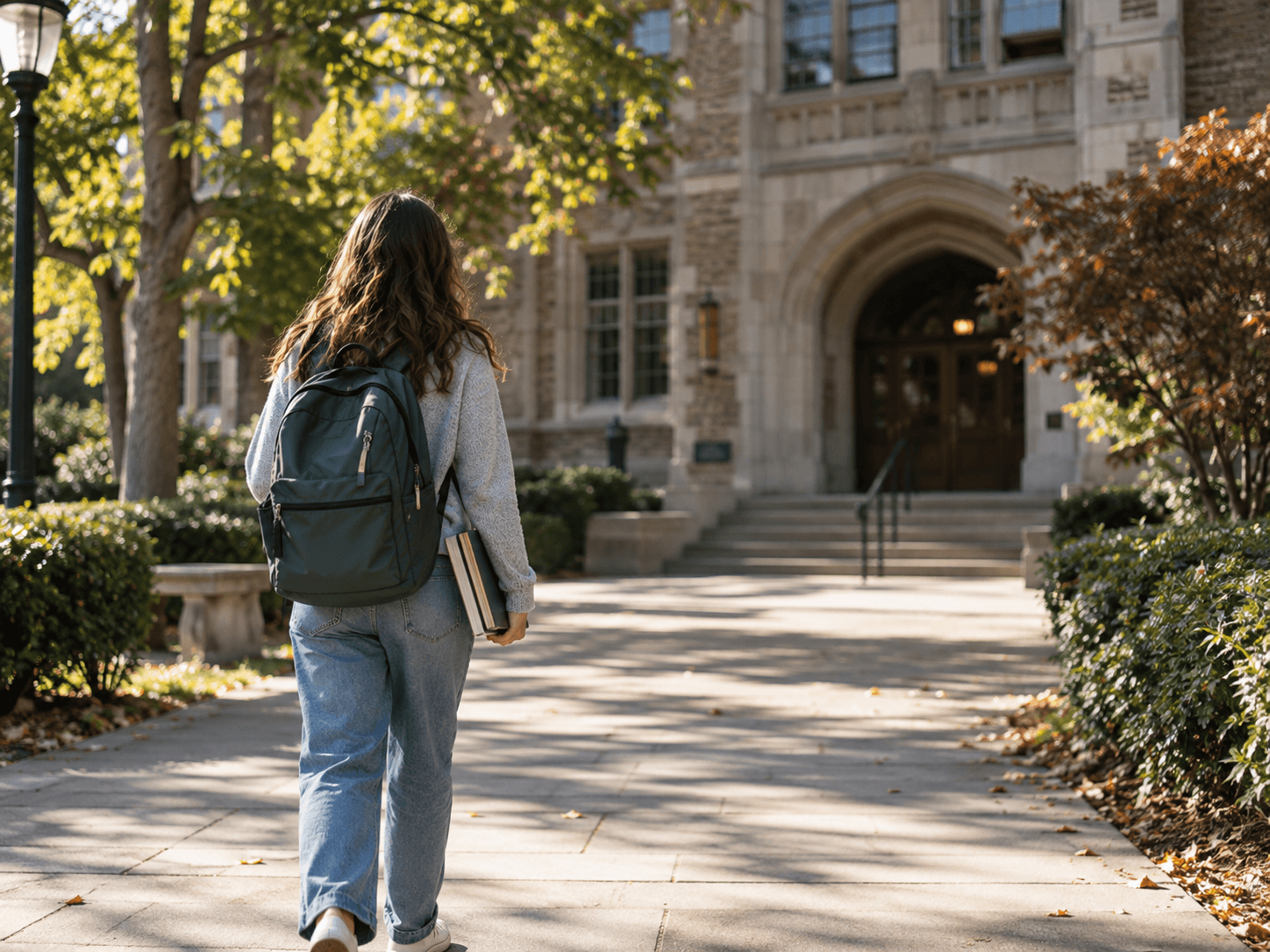 A student with a backpack walks towards a school entrance.