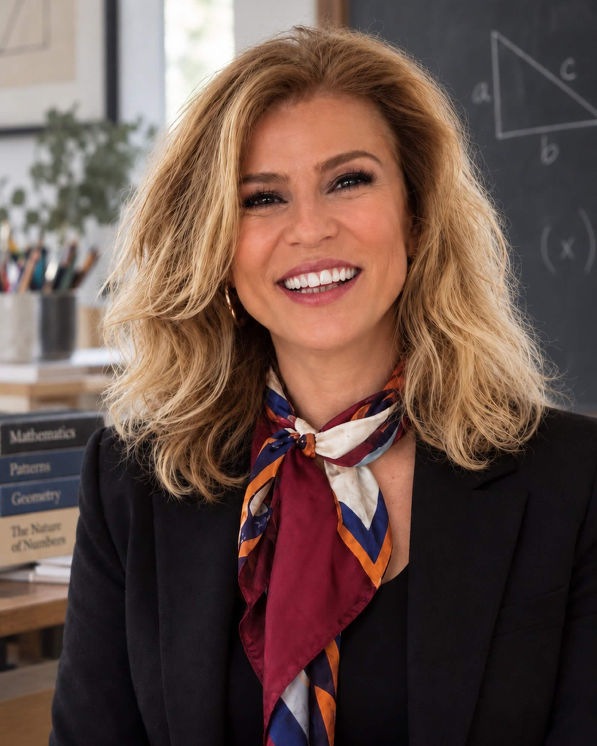 Handan Ercengiz, mathematics teacher and artist, in a classroom setting.