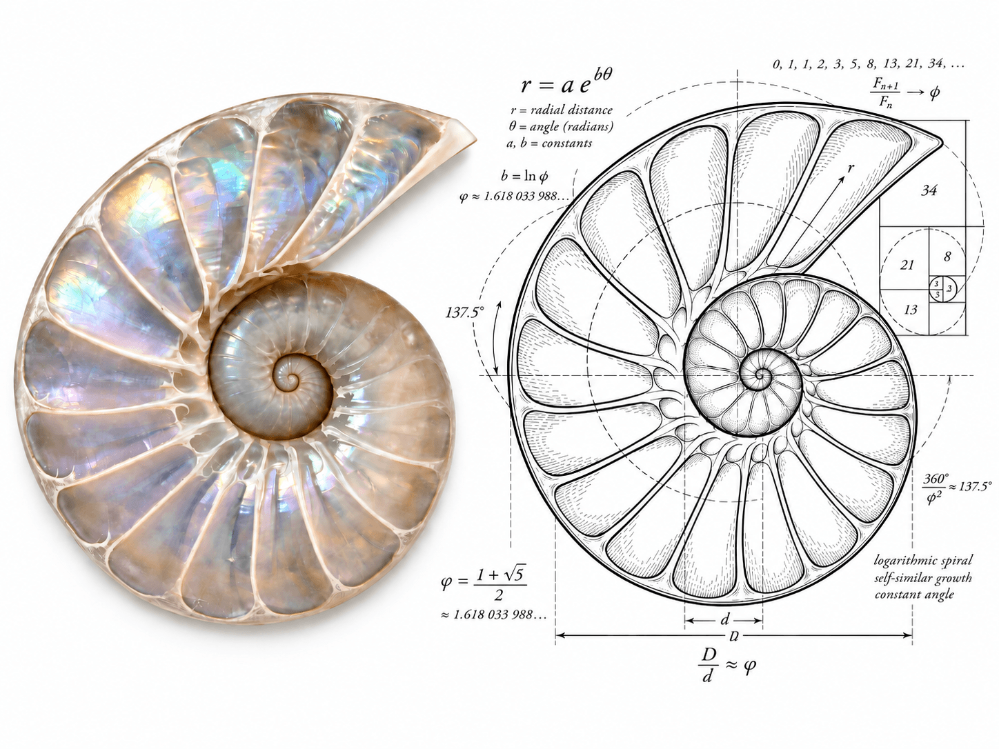 A nautilus shell beside a mathematical diagram exploring its spiral form.