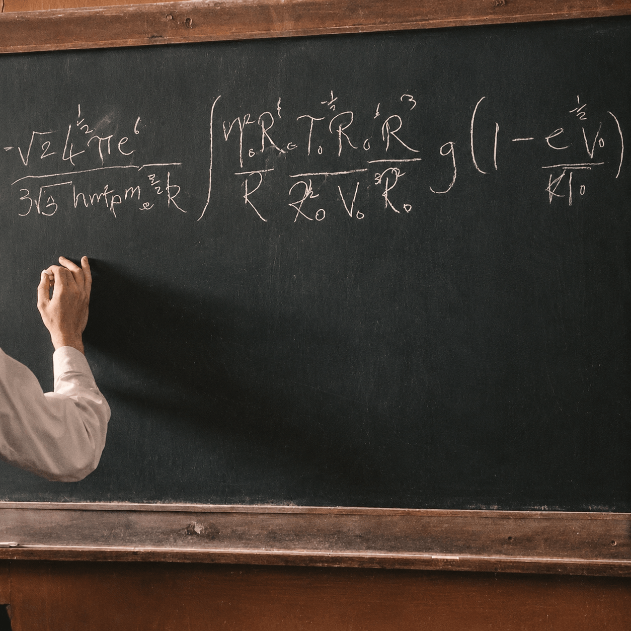 A mathematics teacher writing equations on a classroom chalkboard.
