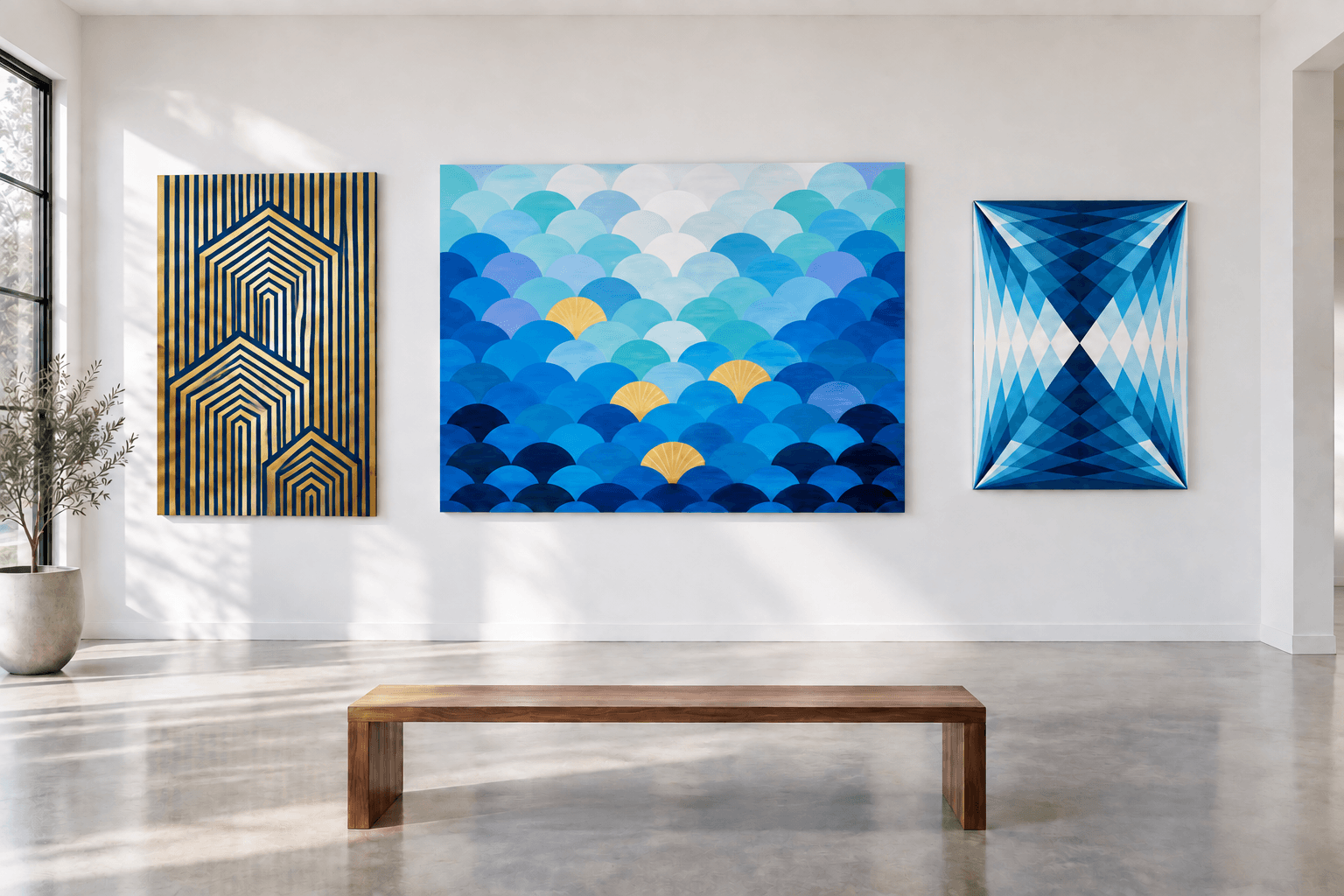 Three geometric paintings by Handan Ercengiz displayed in a gallery.
