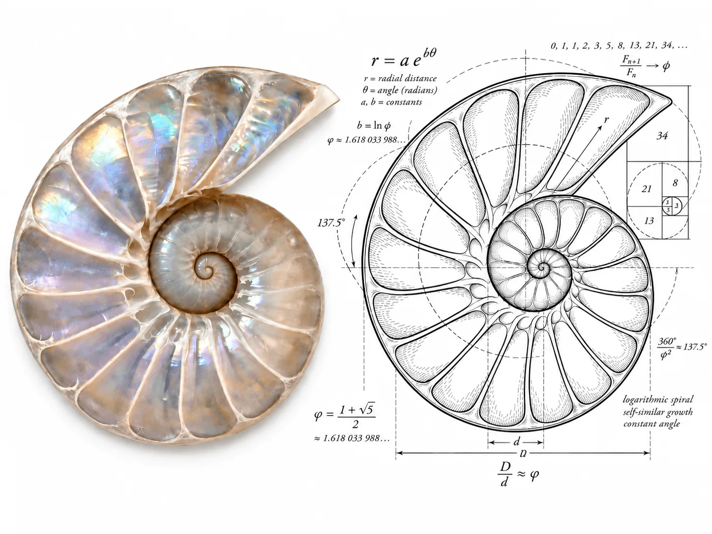A nautilus shell beside a mathematical diagram exploring its spiral form.