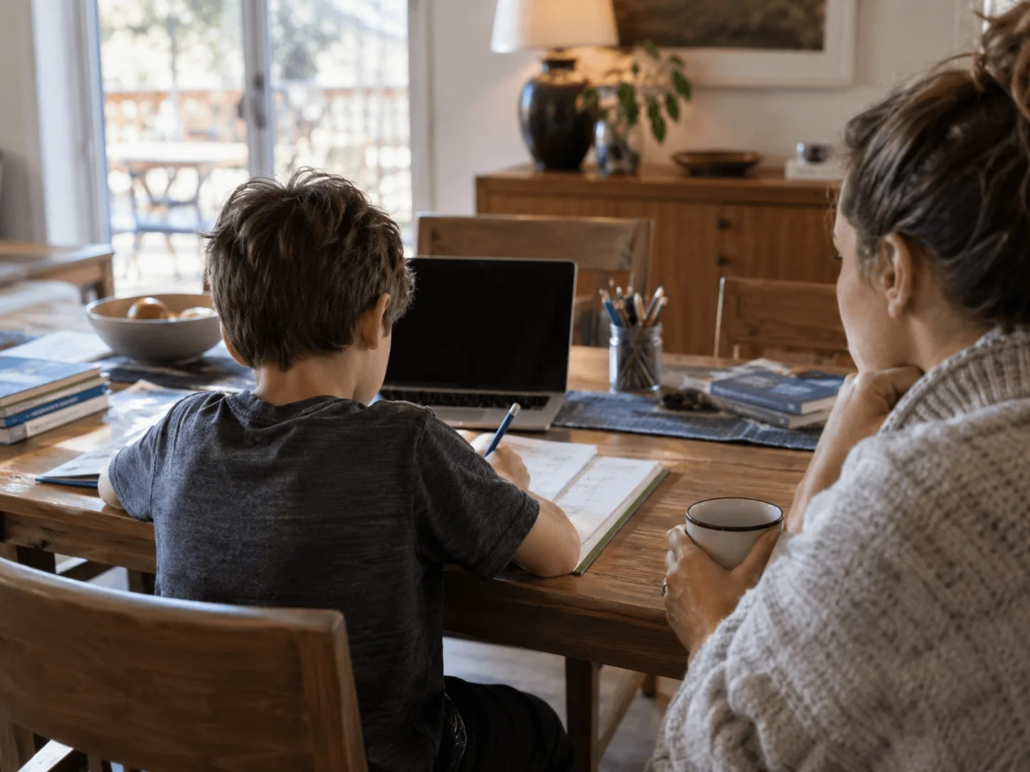 A child doing homework at a dining table while a parent sits beside him.